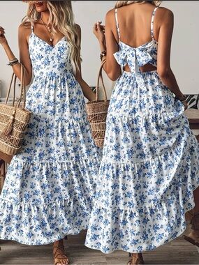 SHEIN Blue White Floral Tie Back Maxi Dress XL NWOT Cottagecore Sundress